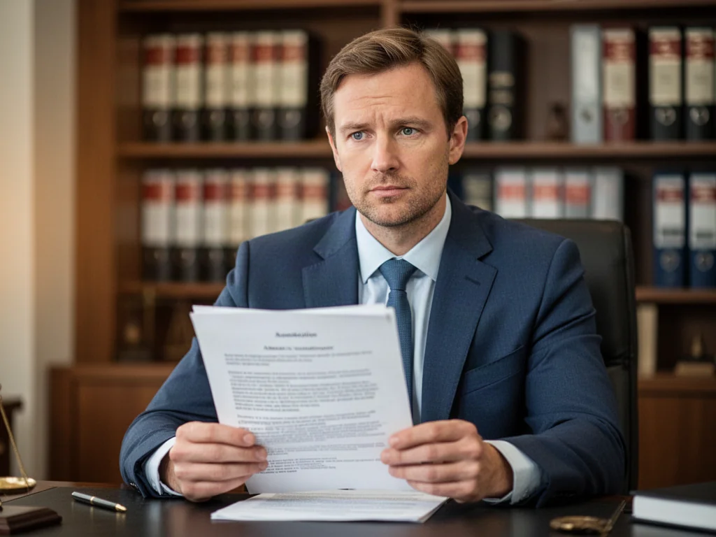 Mężczyzna przy biurku analizuje dokumenty prawne w profesjonalnym biurze, co nawiązuje do kwestii formalności spadkowych.
