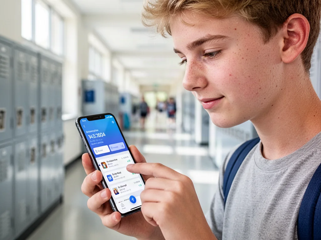 Nastolatek sprawdza aplikację bankową na smartfonie w szkolnym korytarzu.