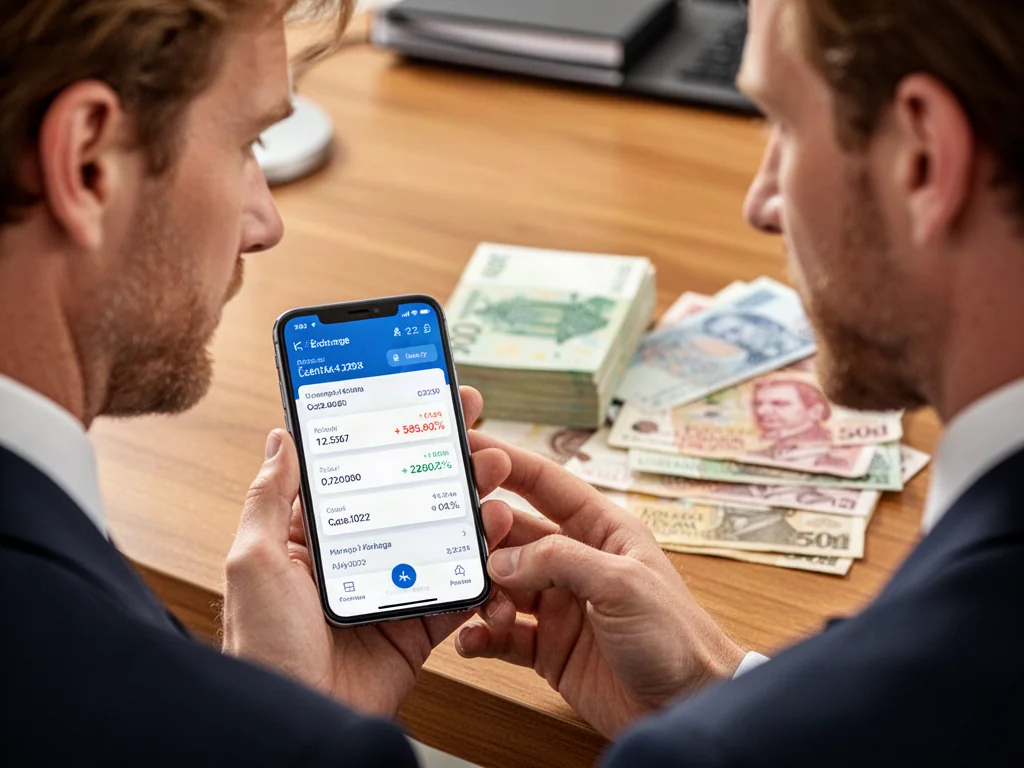 Mężczyzna trzyma smartfon z aplikacją do przeliczania walut na tle banknotów czeskich koron i polskich złotych.