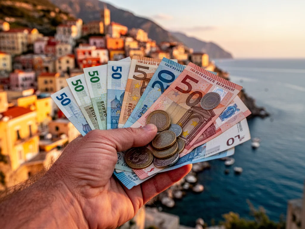 Dłoń trzymająca banknoty euro oraz monety albańskiego leka na tle słonecznego, nadmorskiego miasteczka w Albanii.